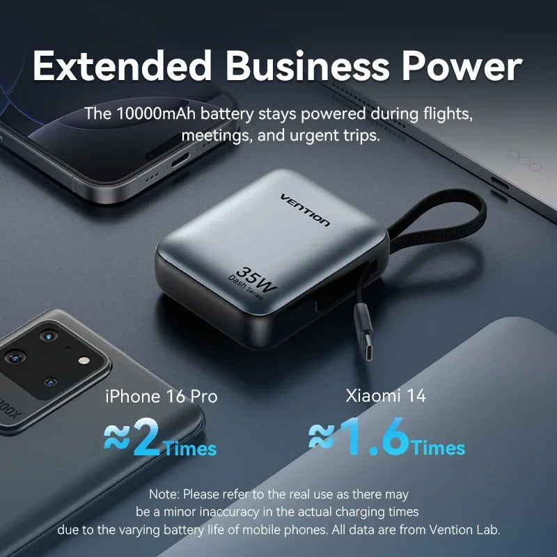 10000mAh 35W USB-C Power Bank with Built-In Cable & LED Display - Portable Fast Charger for iPhone, Android, MacBook Air