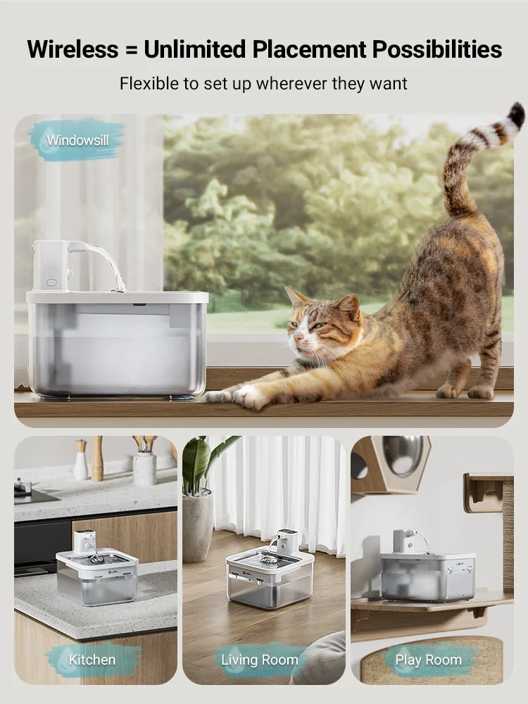 2.5L Automatic Stainless Steel Cat Water Fountain — 4000mAh Rechargeable Wireless Pet Water Dispenser with Motion Sensor