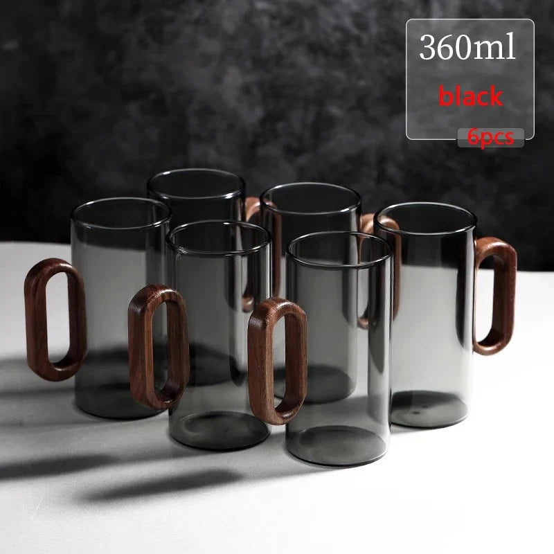 2/4/6-Pack Borosilicate Glass Mugs with Walnut Wooden Handle, 360 ml (12.2 fl oz) Heat-Resistant Teacup Set for Coffee, Milk & Juice