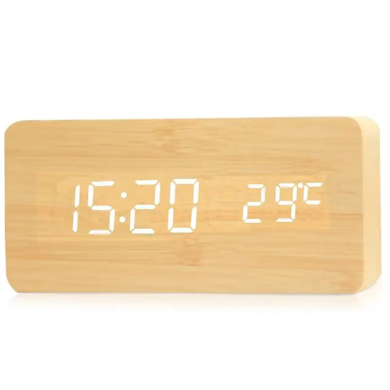 Wooden LED Digital Alarm Clock with Temperature Display — 3 Alarms & Adjustable Brightness, USB Bedside Desk Clock