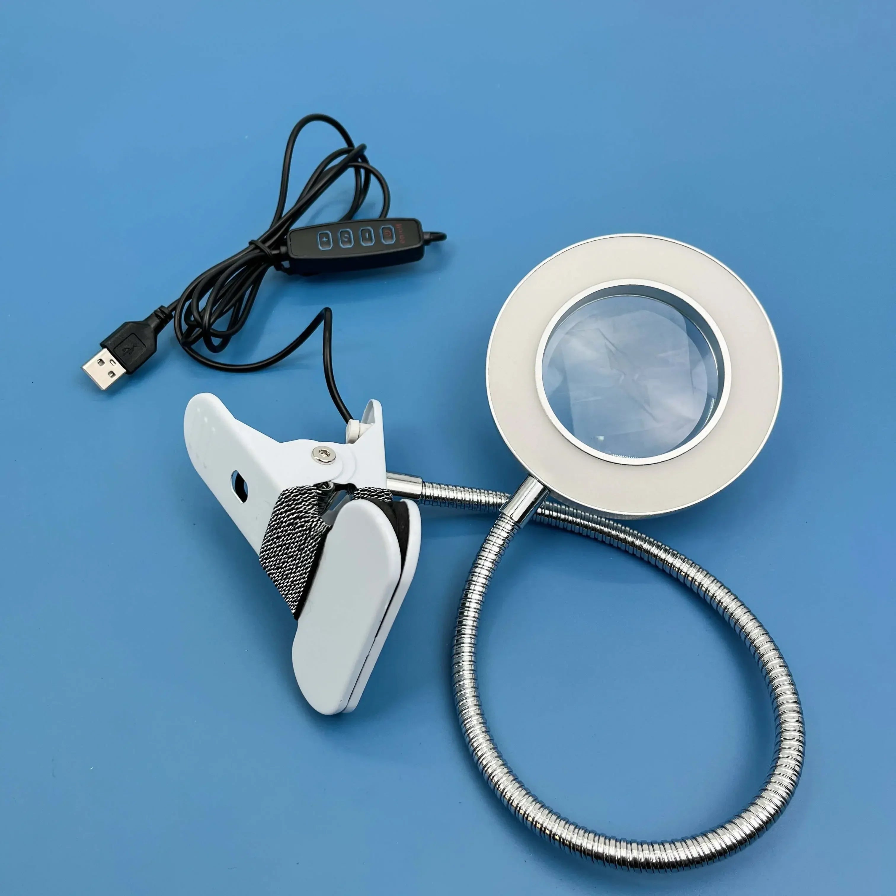10X Clip-On Magnifying Lamp with LED Light for Manicure, Embroidery & Eyelash Extensions - Black White Silver