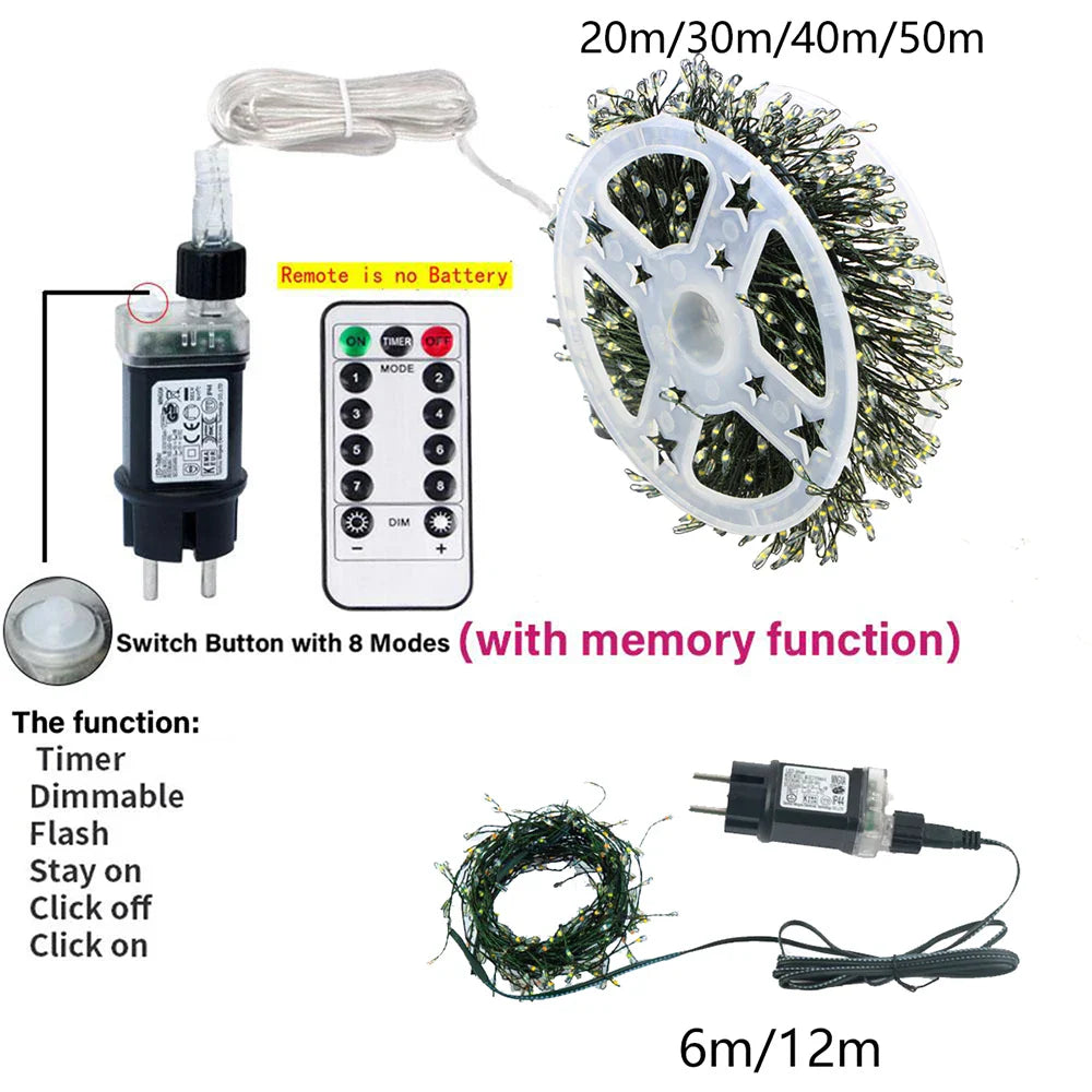 LED Fairy String Cluster Lights with Green Wire - Dimmable Remote-Control Warm White for Christmas, Wedding, Party & Outdoor Decor