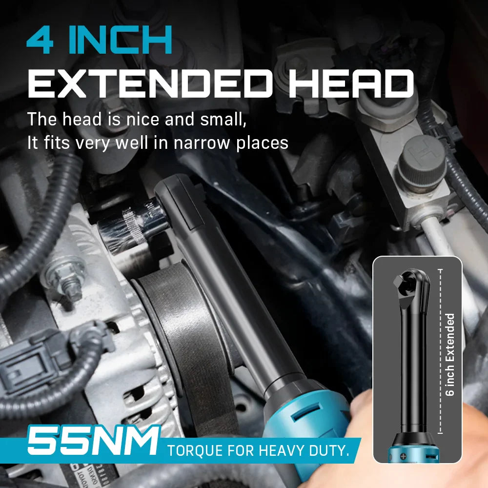 6-Inch (150 mm) Extended Cordless 3/8-Inch (9.5 mm) Ratchet Wrench 12V Rechargeable 54 N·m (40 ft-lb) Electric Angle Wrench with 2 Batteries