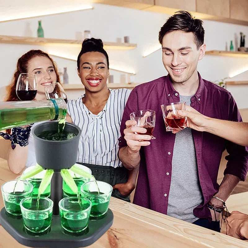 6-Shot Liquor Dispenser Shot Glass Drinking Game — 1.5 fl oz (44 ml) Cups, 1 L (1000 ml) Center Reservoir — Party & Home Bar with Removable Lid
