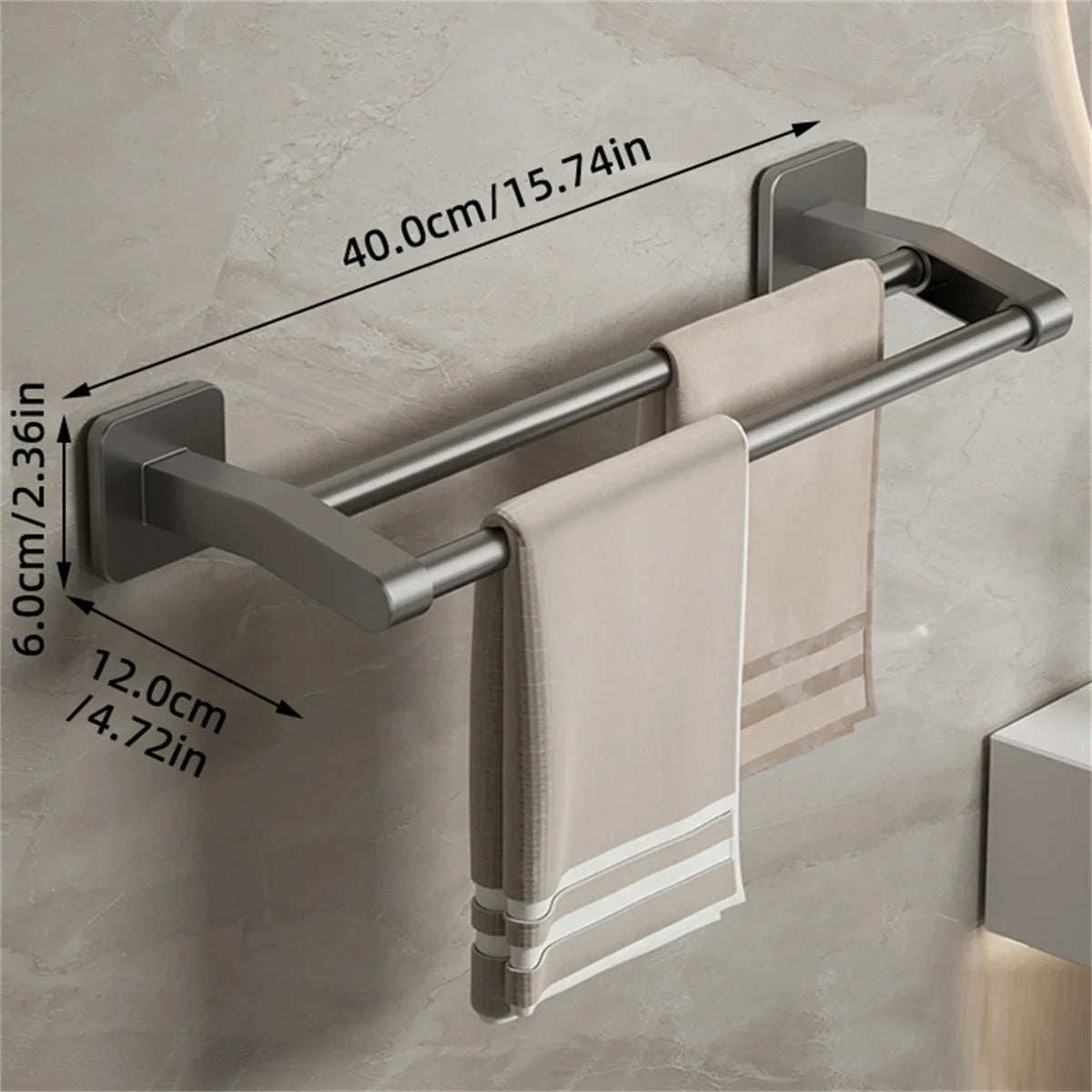 Self-Adhesive Double Towel Bar No-Drill Bathroom Towel Rack White/Gray