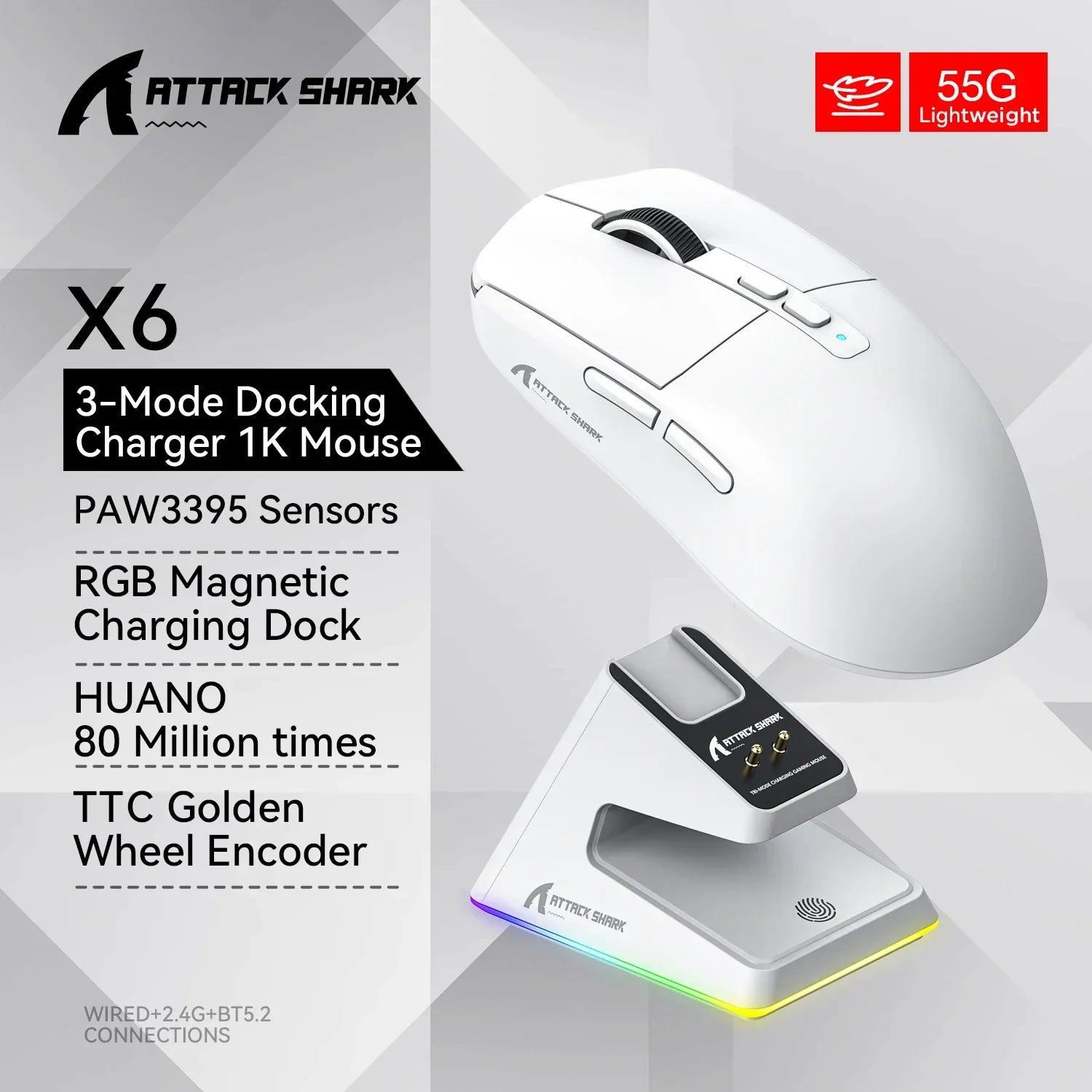 Lightweight Wireless Gaming Mouse 55g – Up to 26,000 DPI RGB Backlight, Charging Dock, 3-Mode Wired/2.4G/BT5.2 for Laptop & Desktop