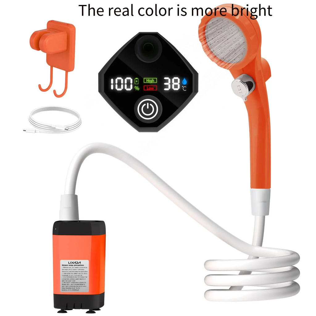Portable Camping Shower Pump 6000mAh – USB Rechargeable RV Outdoor Shower Kit with Full-Screen Digital Display & Adjustable Energy-Saving Mode