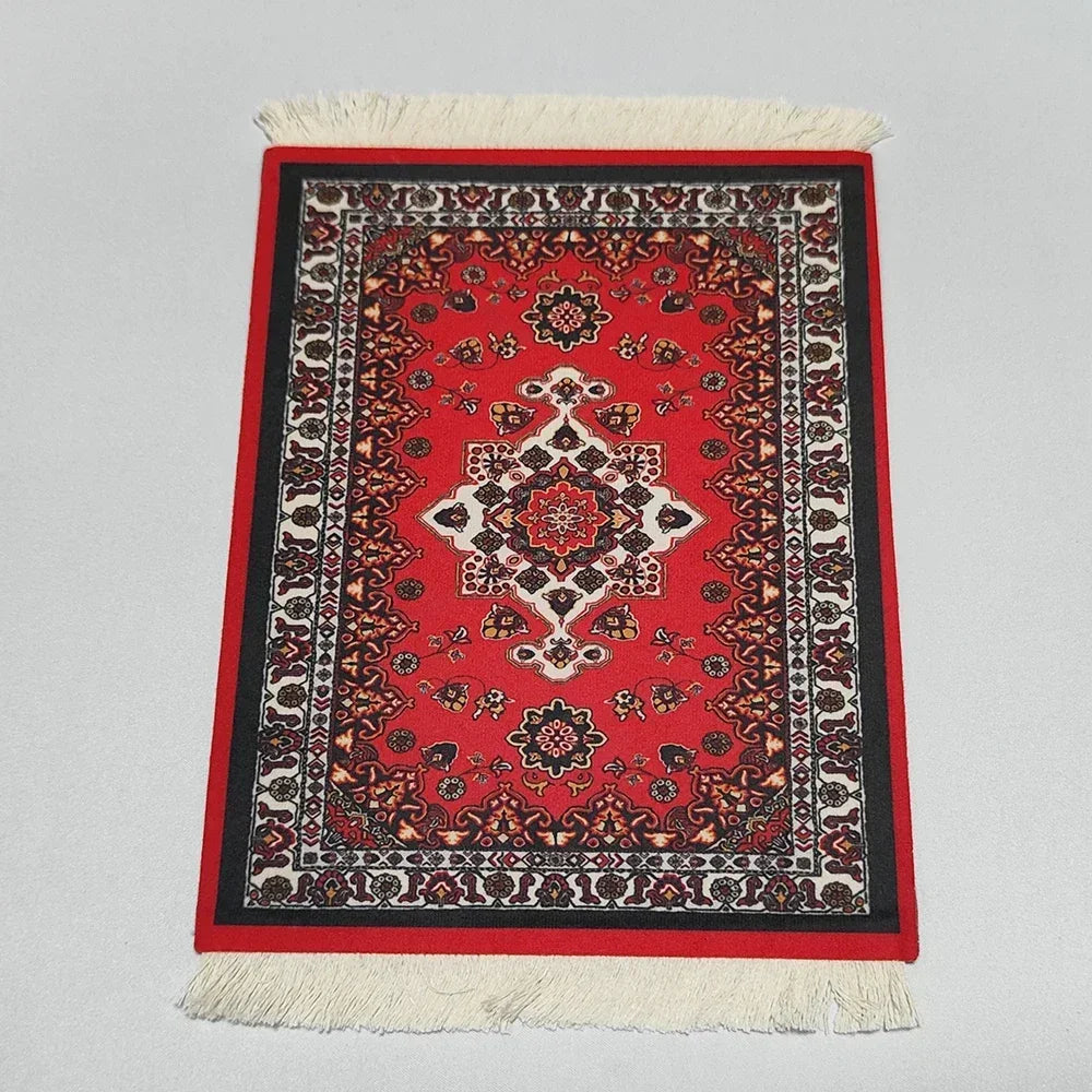 Woven Persian Flower Mouse Pad 9.1 x 7.1 in (23 x 18 cm) Non-Slip Rubber Desk Mat with Fringe — Retro Style