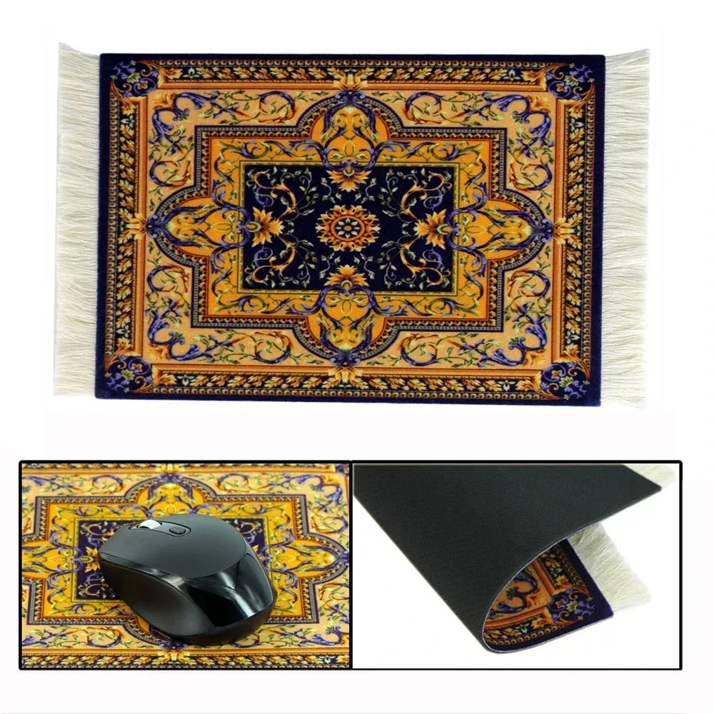 Woven Persian Flower Mouse Pad 9.1 x 7.1 in (23 x 18 cm) Non-Slip Rubber Desk Mat with Fringe — Retro Style