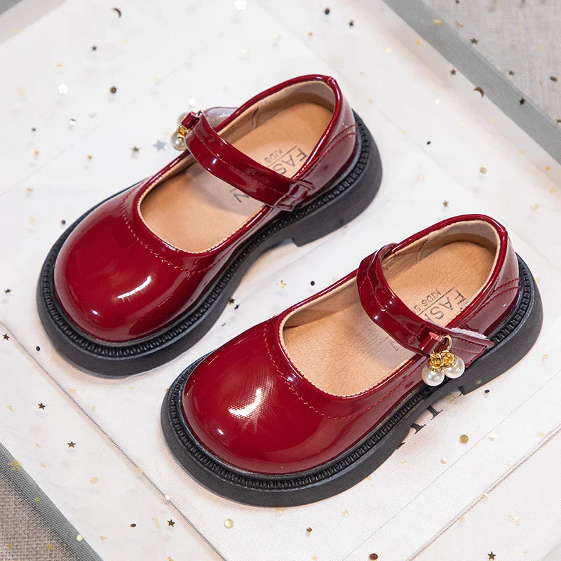 Girls PU Leather Mary Jane Flats with Pearl Pendant – Black Princess Dress Shoes, EU 26-36