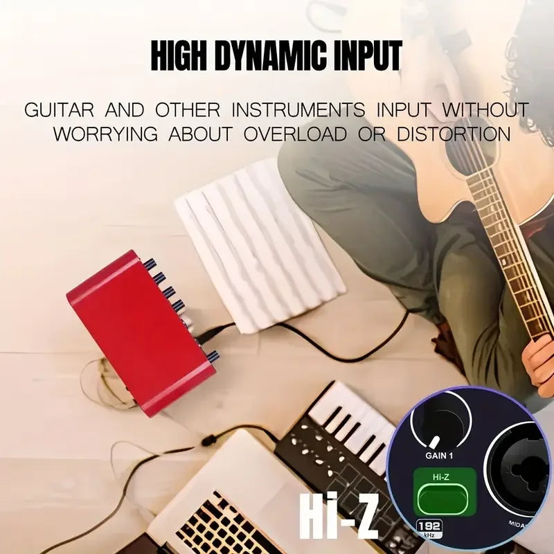 24-Bit 192 kHz USB Audio Interface with Loopback – External Sound Card for Guitar Recording & Stereo Monitoring (Red)