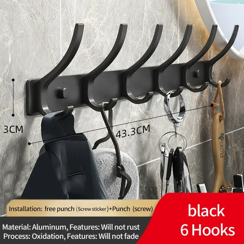 6-Peg Folding Wall Hooks – Aluminum Nail-Mount Towel & Coat Rack, Black/White