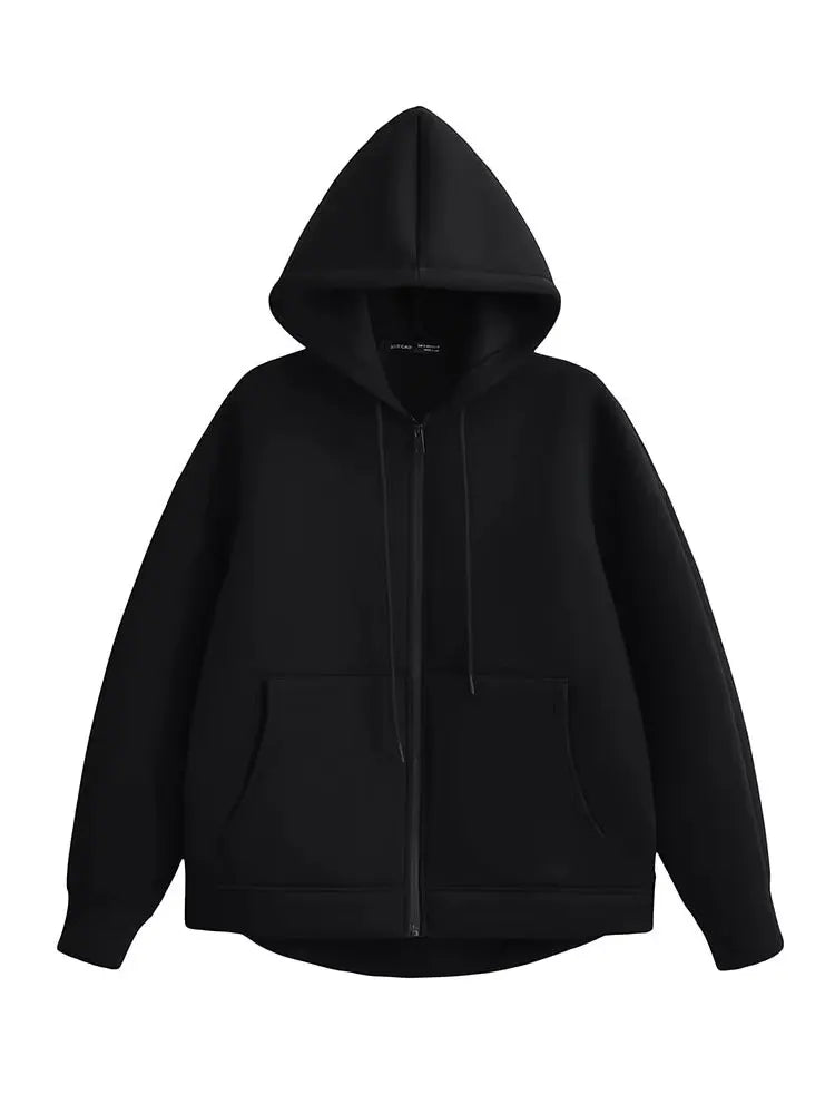Women's Gray Hooded Zipper Jacket with Large Pockets Loose Long Sleeve Casual Coat