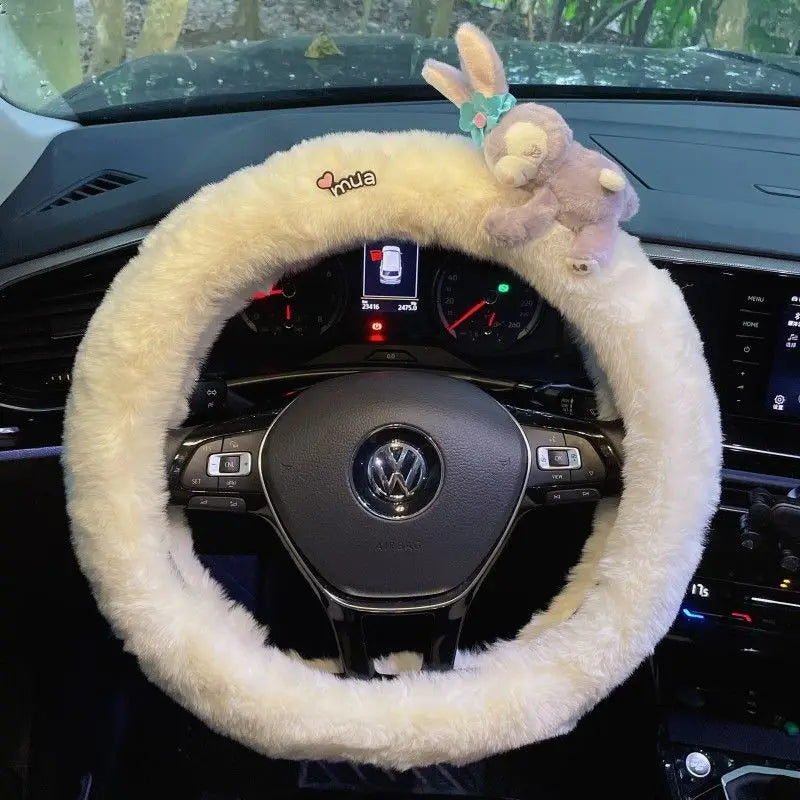 Cute Cartoon Fur Steering Wheel Cover Winter Warm Car Handle Cover for Women