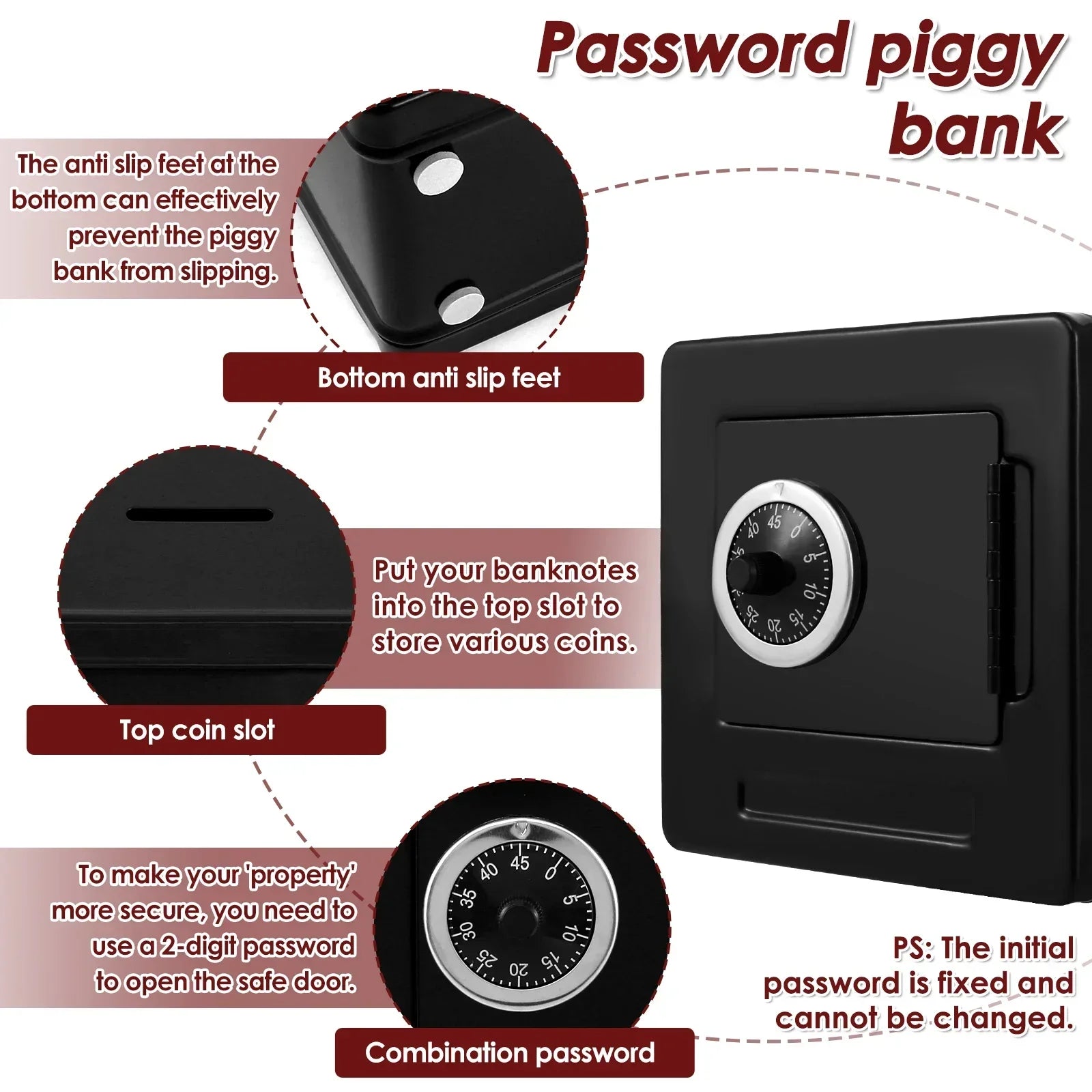 Carbon Steel Combination Lock Piggy Bank — Reusable Password Coin Safe for Kids & Adults
