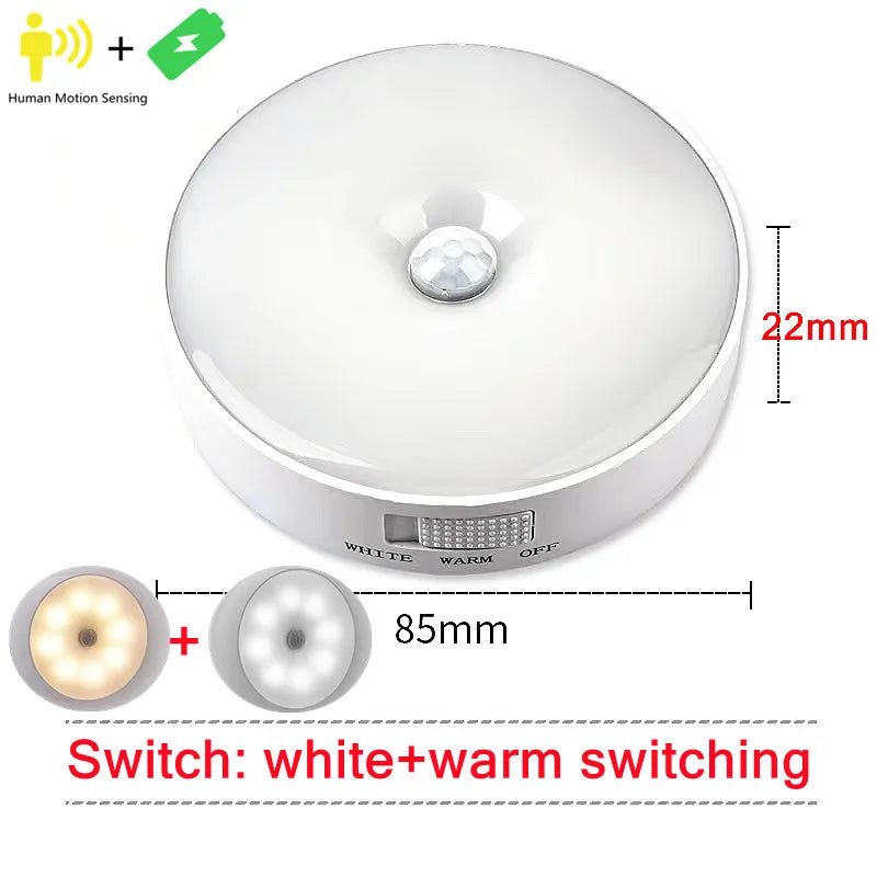 USB Rechargeable Motion Sensor LED Night Light – PIR Closet Under-Cabinet Stairway Lamp, Warm/Cold White