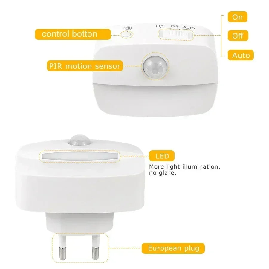Plug-In PIR Motion Sensor LED Night Light — 3 Color Temperatures & Dimmable for Bedroom, Bathroom, Hallway, Stairs