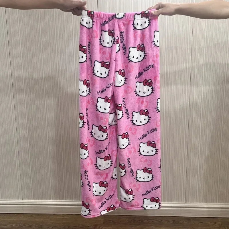 Hello Kitty Flannel Pajama Pants – Kawaii Cartoon Velvet Lounge Pants for Girls & Women, Fall Winter Home