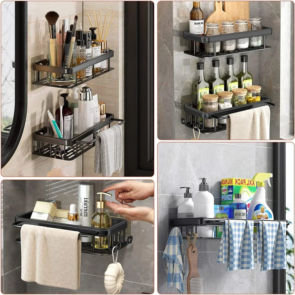 No-Drill Aluminum Alloy Bathroom Shower Shelf Wall-Mounted Shampoo Rack and Kitchen Organizer
