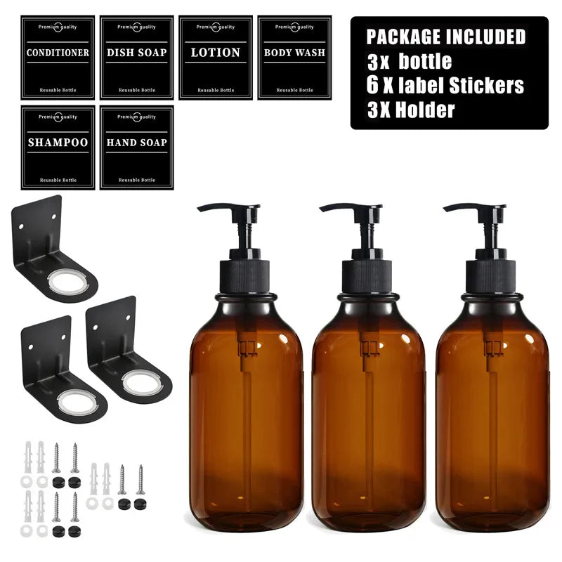 500ml (16.9 fl oz) Amber Refillable Pump Bottle Set with Black Label Stickers - Shampoo, Shower Gel & Liquid Soap Dispensers for Bathroom & Kitchen