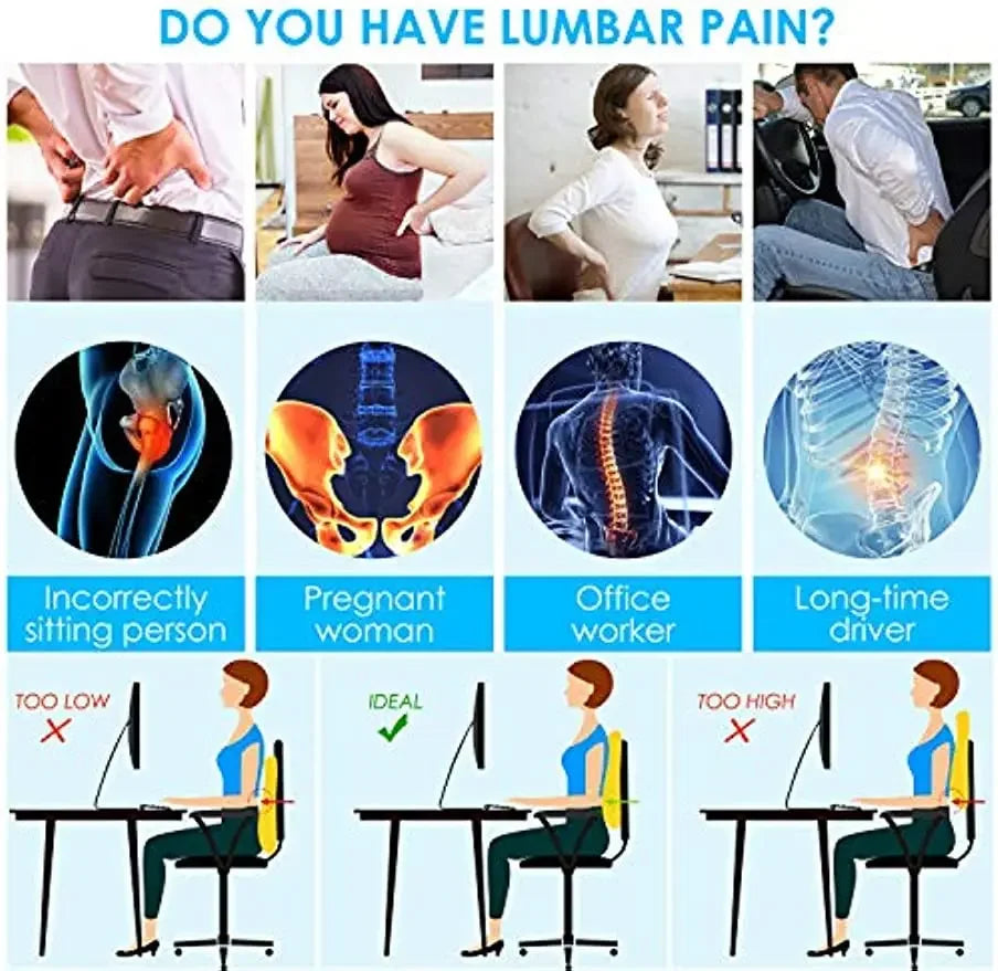 Ergonomic Memory Foam Lumbar Support Pillow — Car & Office Waist Cushion for Back Pain Relief