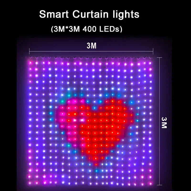400 LED Smart Curtain Fairy Lights - App & Remote, Music Sync RGB, IP65 Waterproof, 1×1–3×3 m (3.3–9.8 ft)