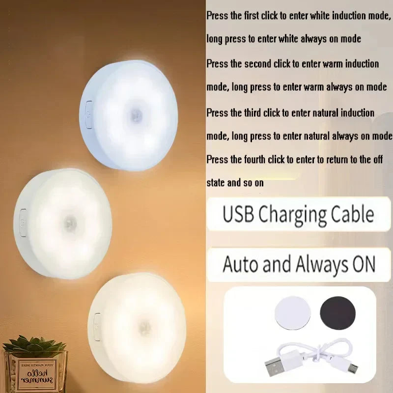 2-6 Pack Motion Sensor LED Night Lights - USB Rechargeable 3-Color Cabinet Closet Staircase Wireless Lamp