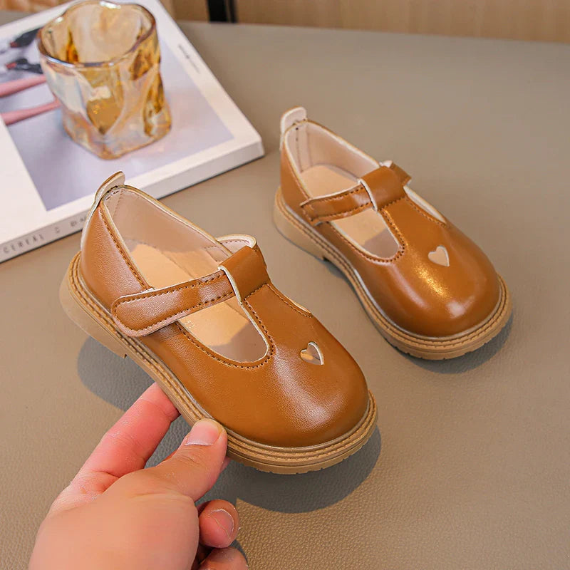 Girls Princess PU Leather T-Strap Flats with Heart Cut-Outs Cute Toddler & Kids Dress Shoes for Spring Autumn