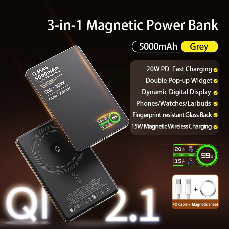 Qi 2.1 Magnetic Power Bank 3-in-1 Wireless Fast Charger 5000/10000mAh for iPhone, Apple Watch and AirPods, 15W Magnetic Wireless & 20W PD Portable Battery