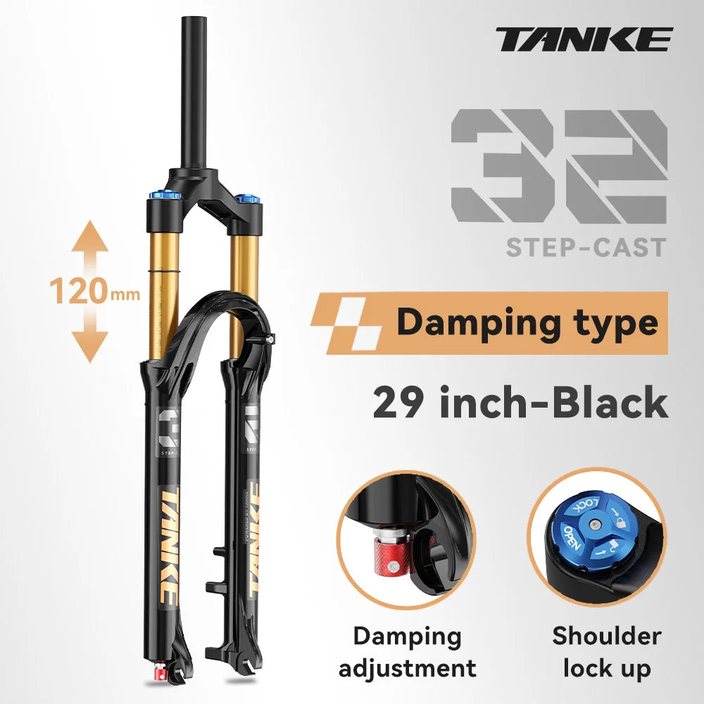MTB Air Front Suspension Fork 120mm (4.7in) Travel Rebound Adjustable, 26/27.5/29-inch Straight Steerer, 9x100mm Quick Release, Disc Brake Compatible