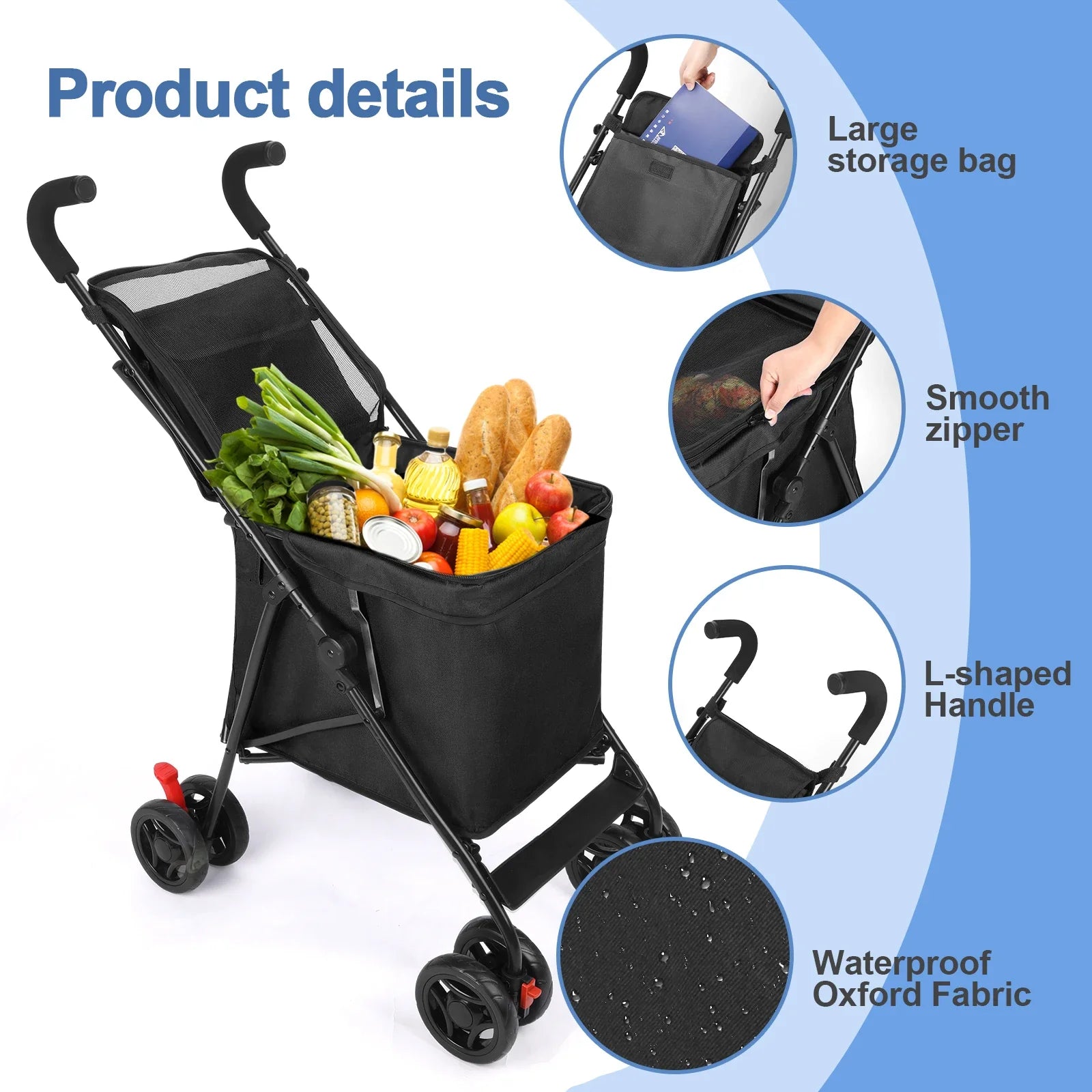 Folding Multifunctional Shopping Cart and Pet Stroller Portable Lightweight Trolley for Market and Picnic