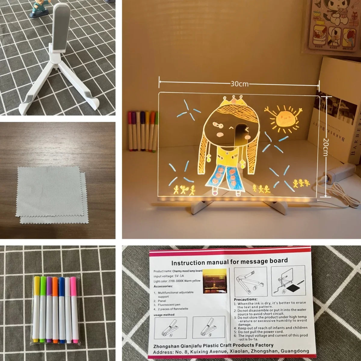 USB LED Acrylic Message Board Night Light with 7 Color Marker Pens — Rewritable Glowing Writing & Drawing Board for Home, Office & School
