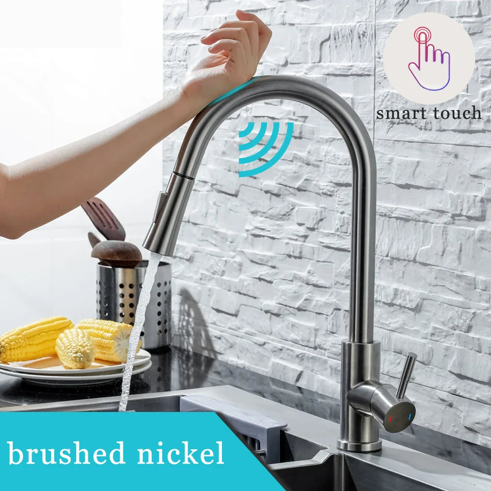 Touch Sensor Pull-Out Kitchen Faucet, Brushed Nickel & Matte Black Stainless Steel, Single-Handle Touch Control
