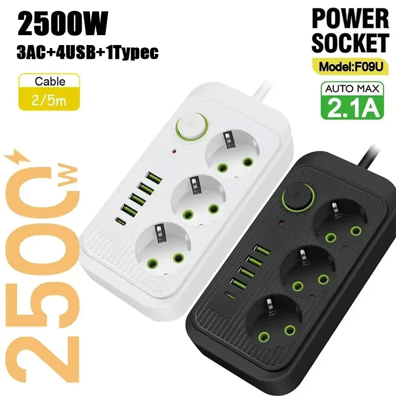EU Power Strip 8 Outlets, 4 USB Fast Charging Ports, Overload Protection Extension Cord — 2m / 5m