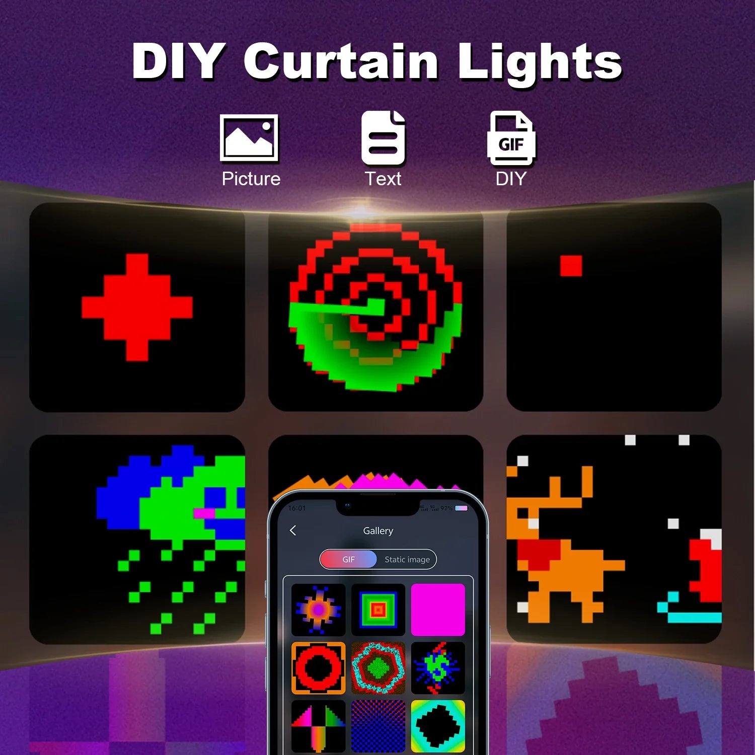 LED Smart Curtain Lights 400-LED RGB Fairy Curtain – App & Music Sync, Remote, IP65 Waterproof (3m×3m / 9.8×9.8ft • 2m×2m / 6.6×6.6ft • 1m×1m / 3.3×3.3ft)