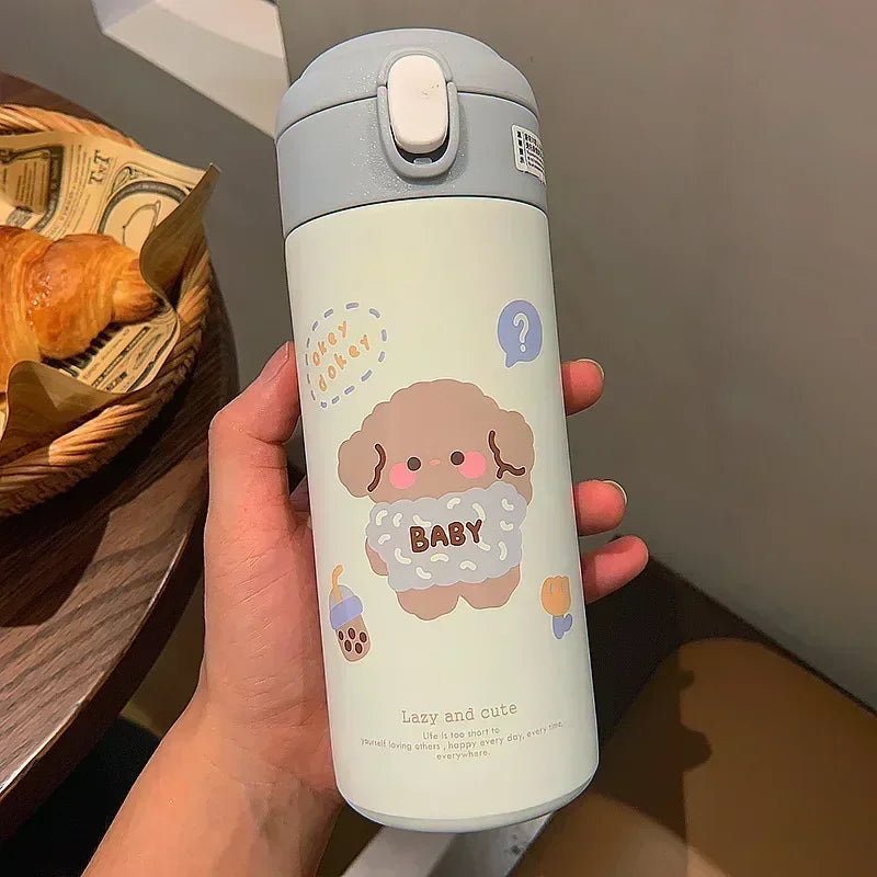380ml (13 fl oz) Stainless Steel Insulated Thermos Bottle with Straw - Cute Cartoon Tumbler for Women