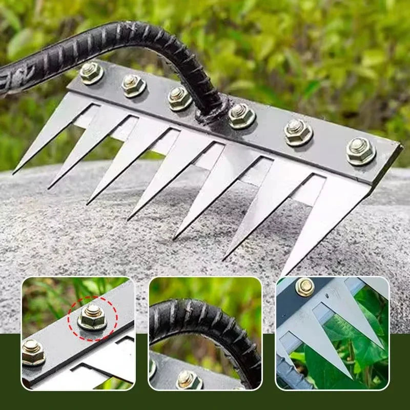 5/6/7/8-Tooth Iron Garden Rake Hoe Weeding & Soil Loosening Tool with Metal Handle