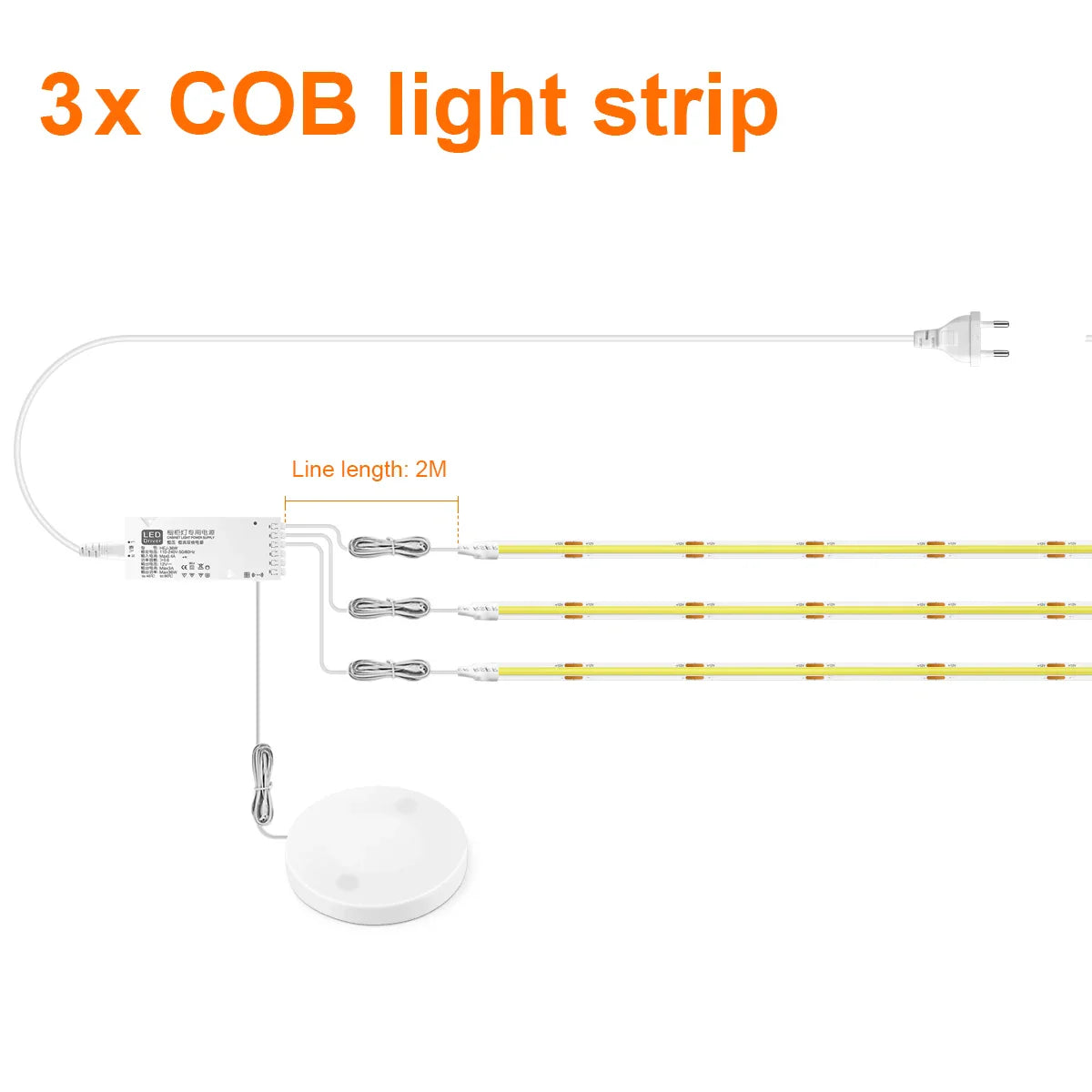 COB LED Strip Light with Penetrable Touch Dimmer – Waterproof 12V Cabinet & Closet Lighting, 1m/2m/3m/5m (39/79/118/197 in), 320 LEDs/m, Warm/Neutral/Cool