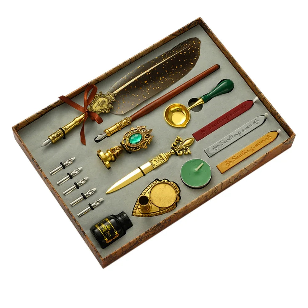 Retro Feather Dip Pen Calligraphy Set with Ink, 5 Nibs & Wax Seal Kit – Quill Writing Set for Stationery, Crafts & Gifts