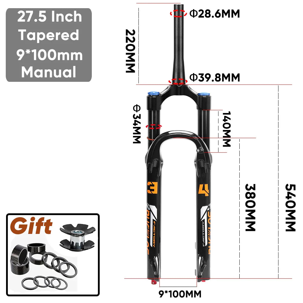 MTB Air Suspension Fork 140mm Travel (5.5in) - 26/27.5/29-inch Wheels - 9x100mm QR Axle - 34mm Stanchion, 28.6mm Steerer
