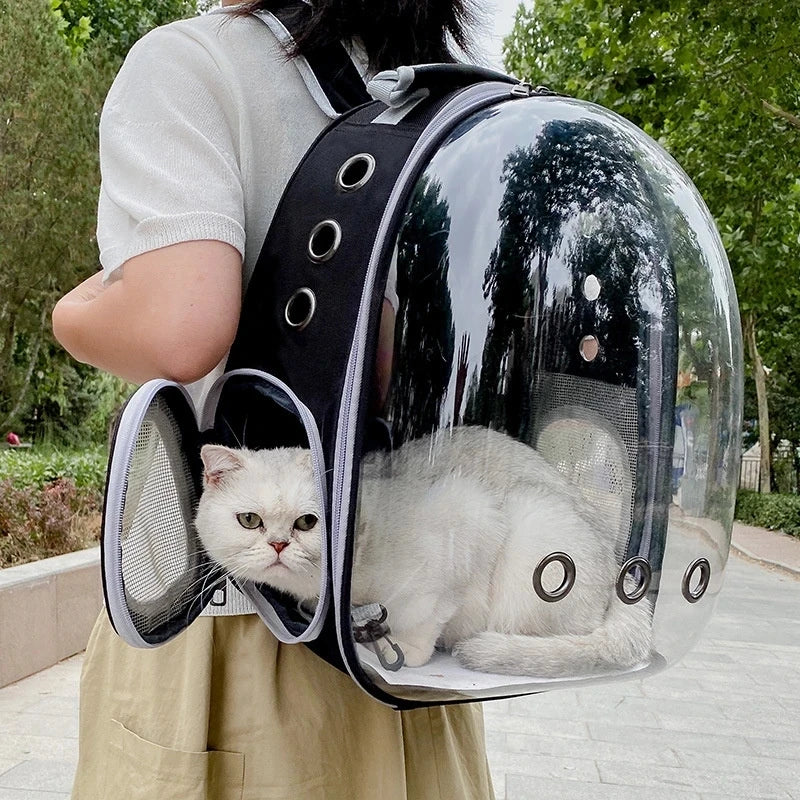 Transparent Bubble Pet Backpack Carrier — Space Capsule Design with Ventilation & Side Pocket | 35 x 25 x 42 cm (13.8 x 9.8 x 16.5 in) — For Cats & Small Dogs