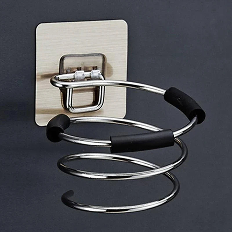 Wall-Mounted Hair Dryer Holder Stainless Steel Spiral Stand – Nail-Free Adhesive, 12 x 10 cm (4.72 x 3.94 in)