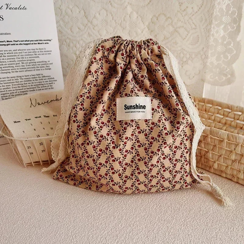 Printed Floral Diaper Bag – Cotton Drawstring Mommy Nappy Bag, Travel & Stroller-Friendly Organizer