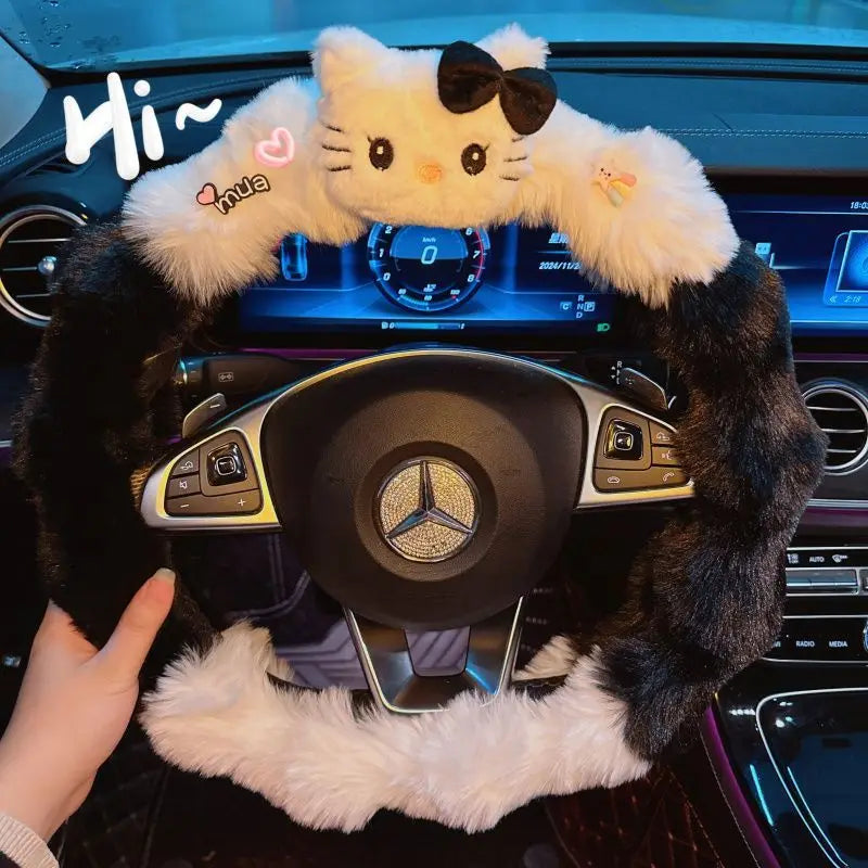 Kawaii Cat Plush Steering Wheel Cover – Winter Warm Soft Car Wheel Cover, Cute Interior Accessory