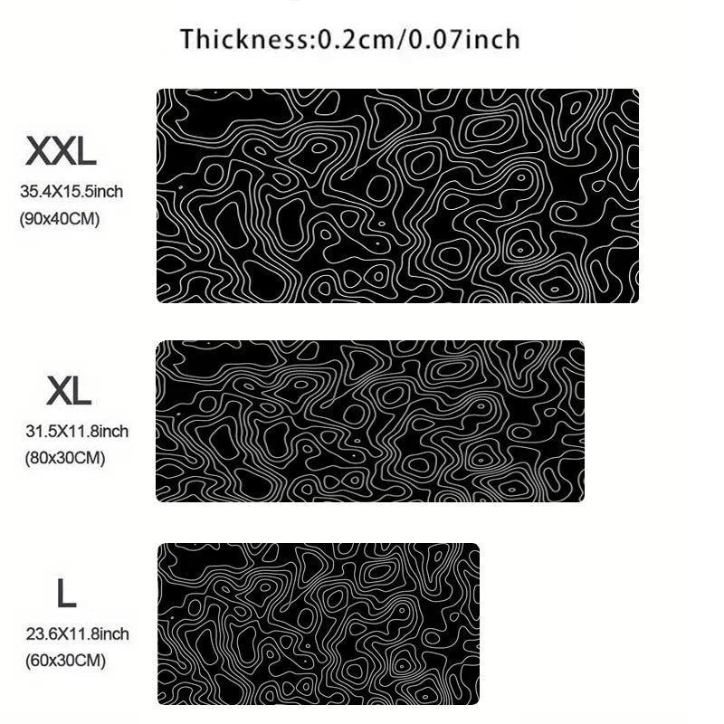 Black and White Topographic Map XXL Mouse Pad — Extra Large Gaming Desk Mat for Keyboard and Mouse