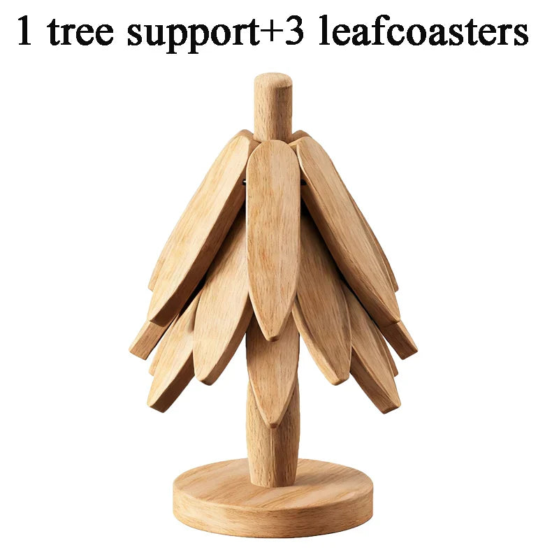 Tree-Shaped Wooden Trivet Set – 4 Foldable Trivets + Stand | Natural Wood Hot Pads for Pots, Teapots & Bowls