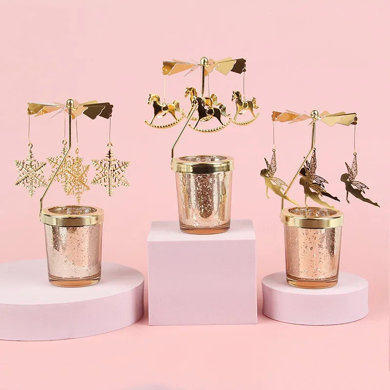 Rotating Tea Light Candle Holder Carousel Stand 6.7x3.1in (17x8cm) Metal Spinning Candlestick Gold Silver Home Party Christmas Decor Gift