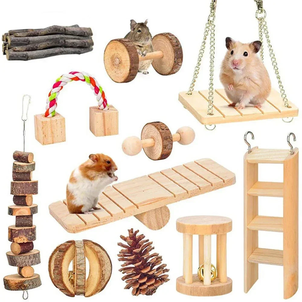 Wooden Pine Chew Roller Toy for Rabbits, Guinea Pigs & Rats - Dumbbell Unicycle Bell for Small Pets