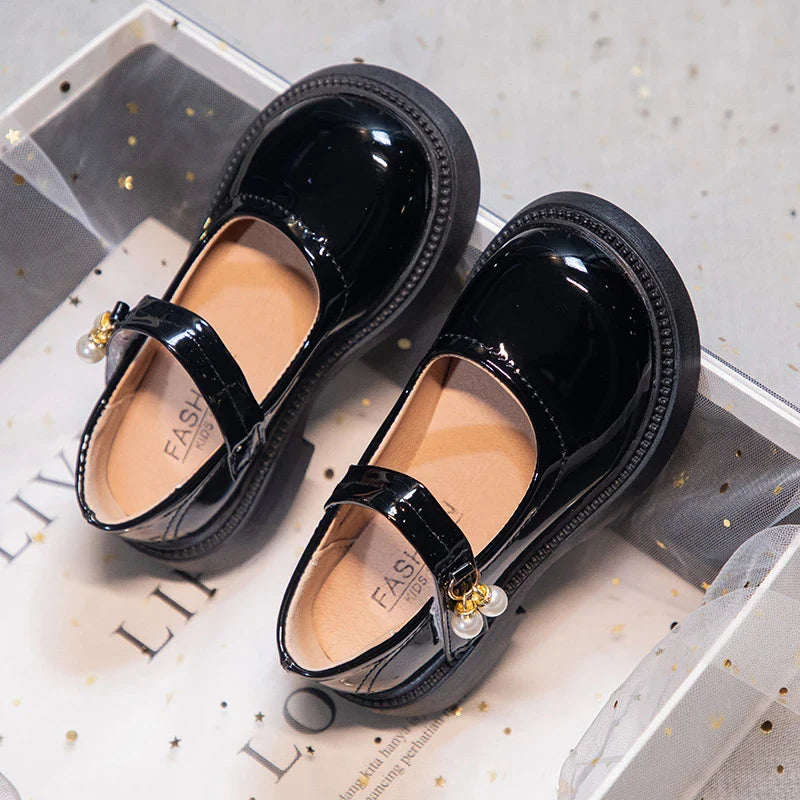 Girls PU Leather Mary Jane Flats with Pearl Pendant – Black Princess Dress Shoes, EU 26-36