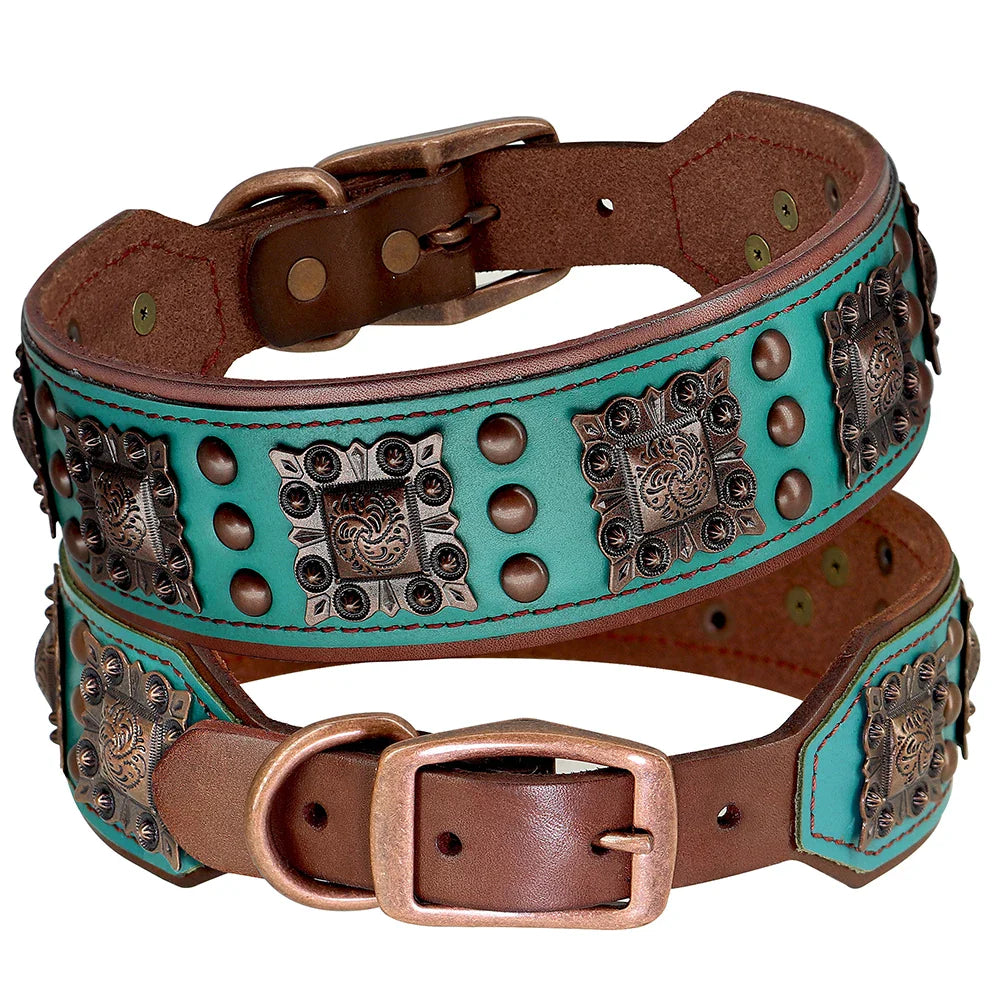 Genuine Leather Spiked Dog Collar – Adjustable L/XL for Medium & Large Dogs (Pitbull, Bulldog, German Shepherd) – Black Brown Green